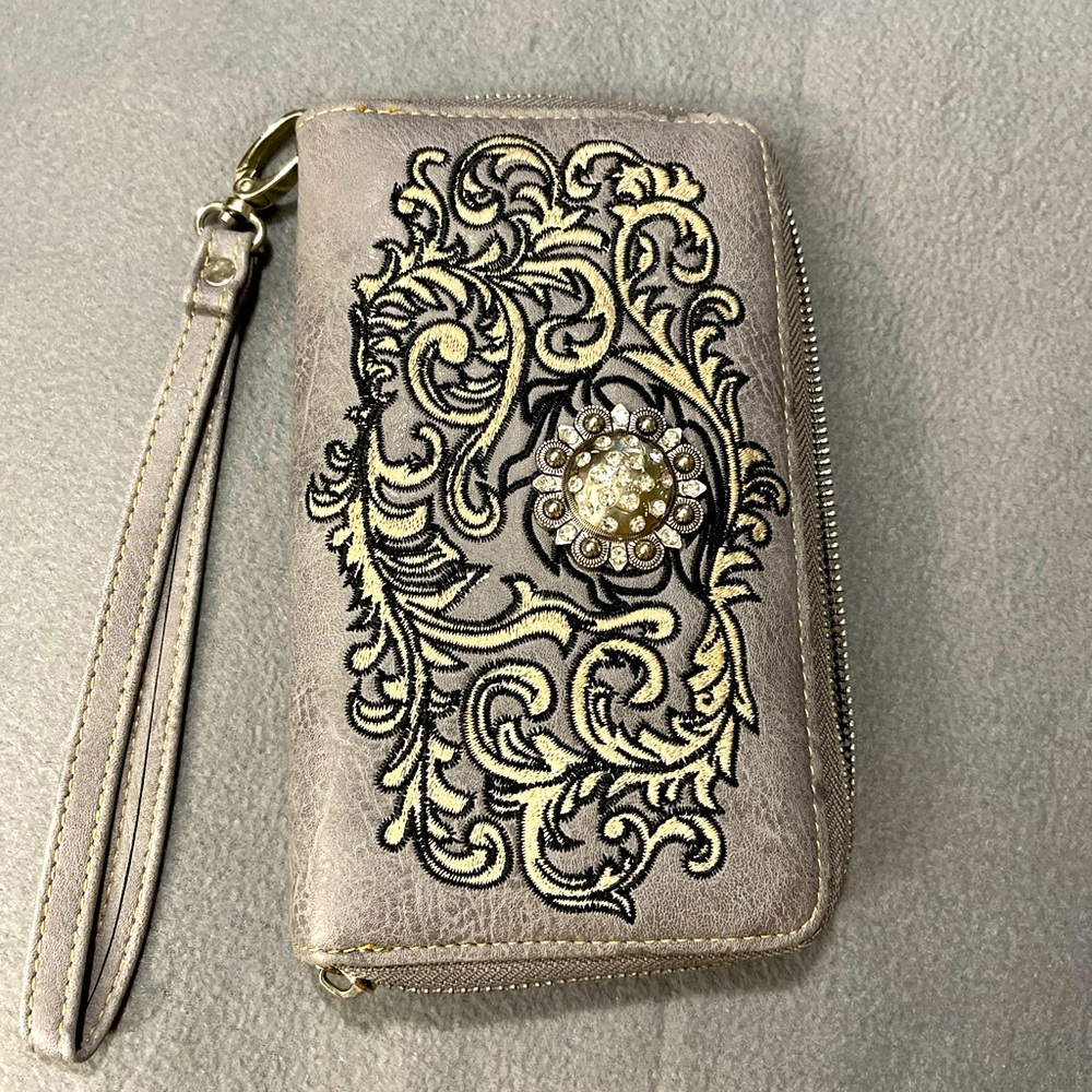 Rhinestone Western Floral Bling Gray Women’s Leather Wristlet Wallet